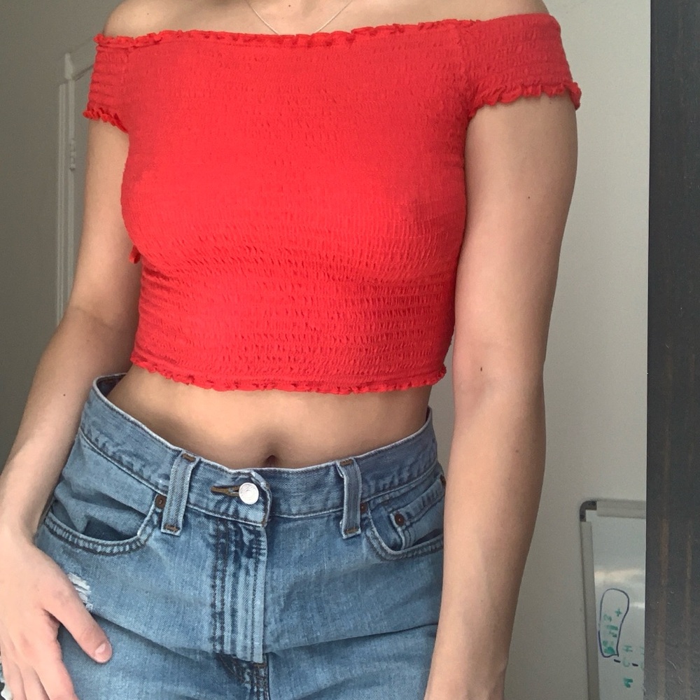 Garage CropTop Smocked Cap Sleeve Crop Top Off Shoulder Red